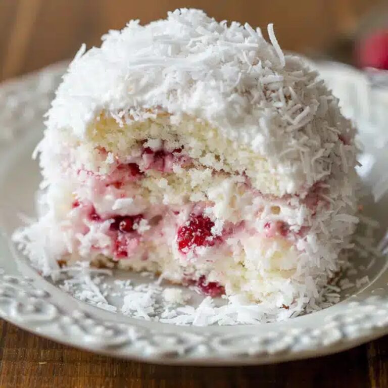Raspberry Swirl Coconut Snowball Cake Recipe