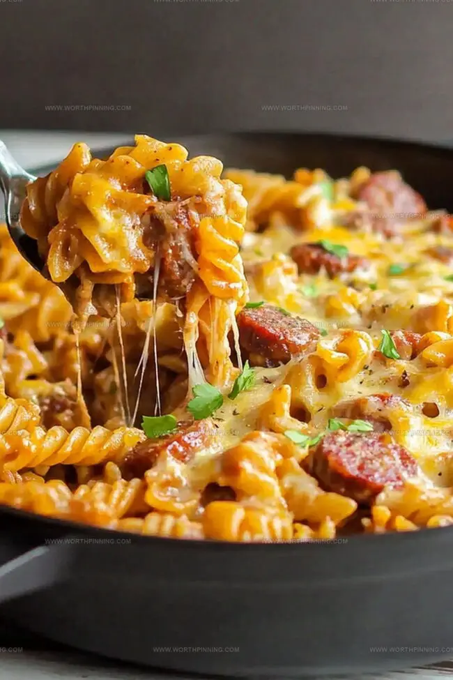 One Pot Cheesy Smoked Sausage Pasta Skillet to Feed a Crowd